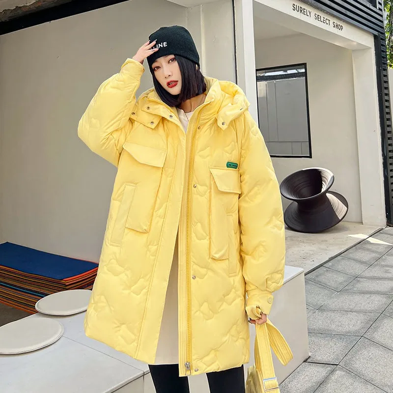 2023 neue Frauen Daunen jacke Wintermantel weibliche mittellange Version Parkas lose dicke warme Outwear Kapuze Mode Mantel