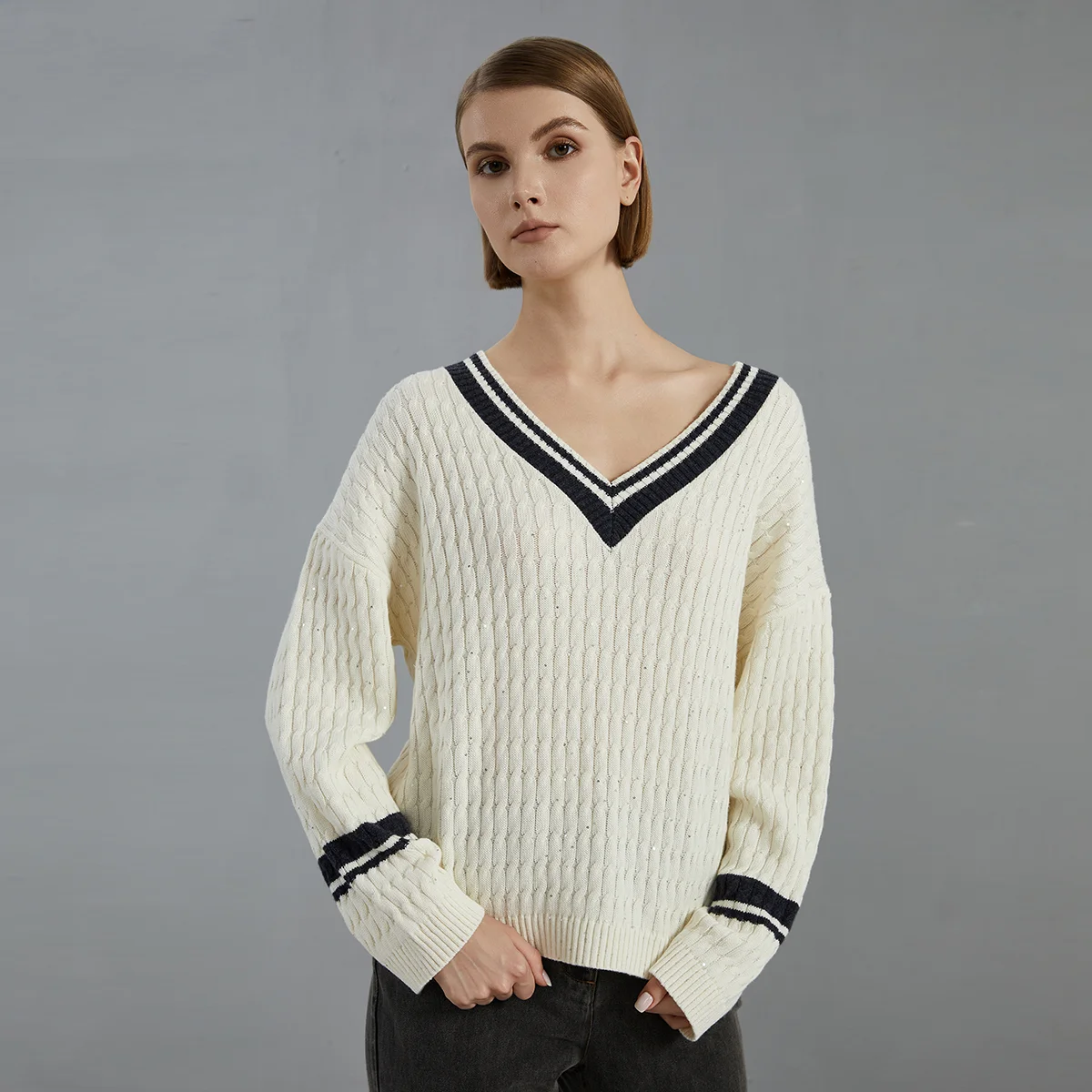 BC822 High Quality Luxury Women's Clothing 100% Wool thick Pullover V neck loose Knitted Sweater Winter