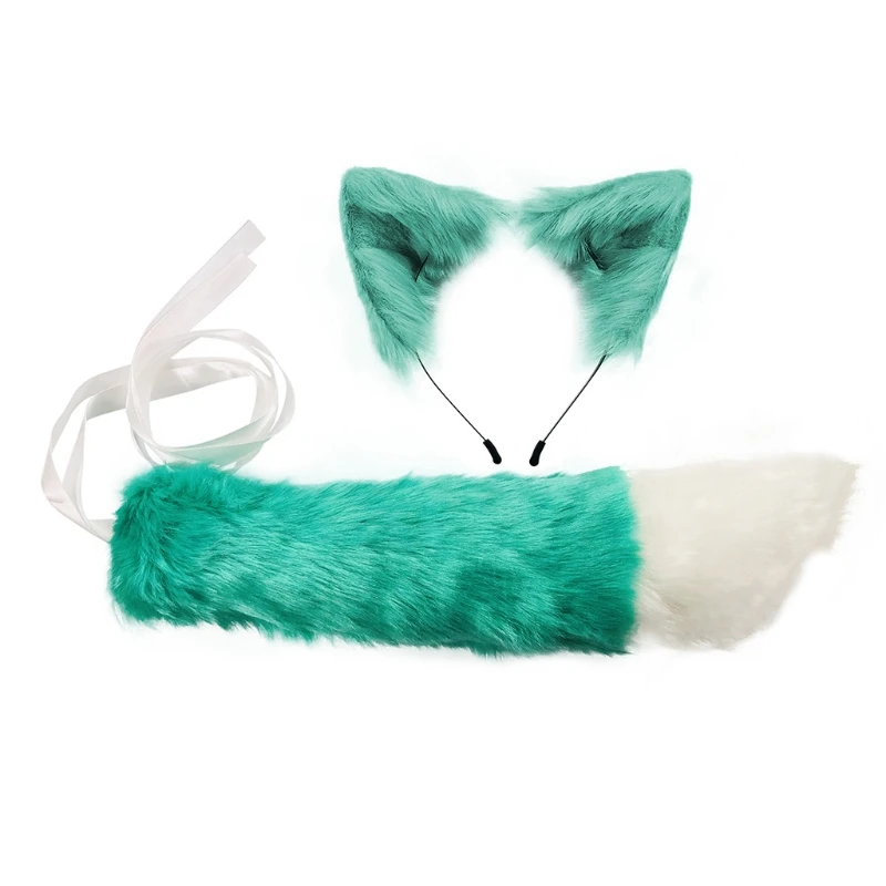 Faux Fur Kitten Wolf Ears Headband Long Tail Set Candy Color Anime Dress Up Animal Cosplay Costume Halloween Party Props N58F