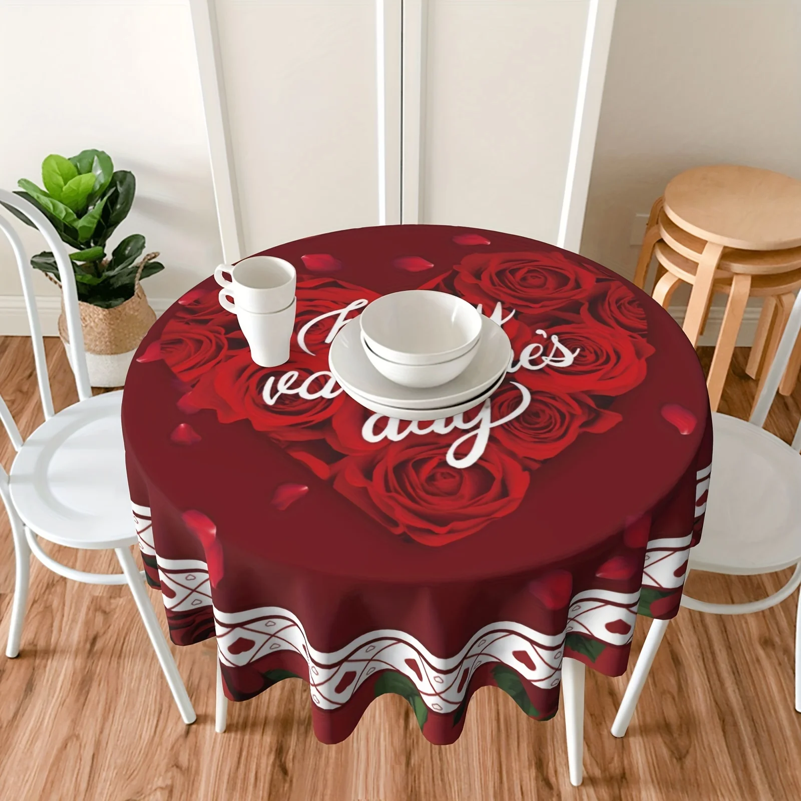 

1pcs Classic Red Love Rose Romantic Print Home Living Room Kitchen Dustproof Round Tablecloth Holiday Party Dinner Decoration