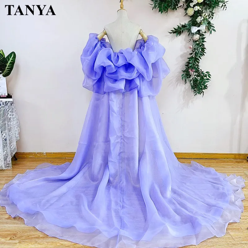 Lavender Cape For Wedding Party Romantic Organza Ruffles Puffy Sleeves Long Bridal Wrap Lady Jacket Fashion Women Outfit