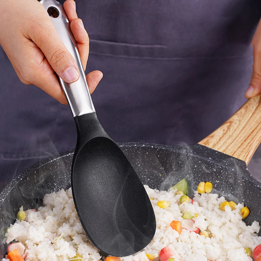

1pc Thickened Silicone Rice Spoon Stainless Steel Handle Non-Scratch Hanging Hole Easy Clean Kitchen Tool Rice Paddle