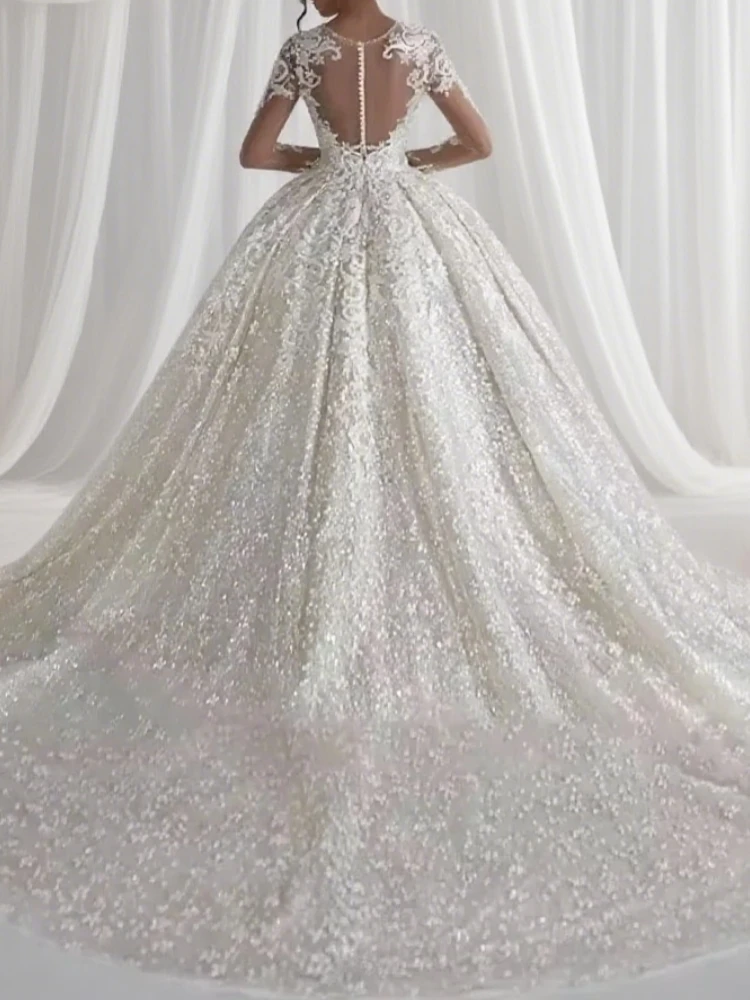 高級レースのアップリケのウェディングドレス O ネック長袖夜会服 Vestidos デノビアゴージャスなローブドレスカスタマイズ