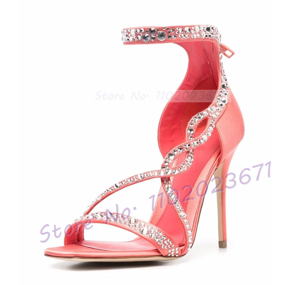 Crystal Double Cross Strap Sandals Women Sweet Square Toe Pink High Heels Satin Shoes Summer Back-zip Bling Luxury Party Sandals