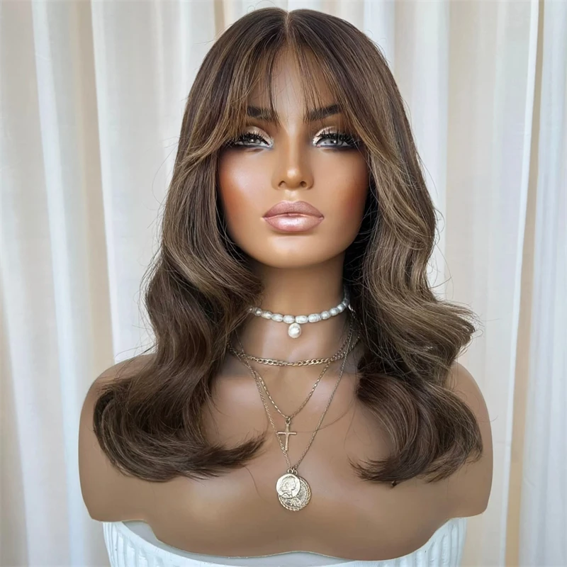 16 Inch Ombre Chocolate Brown Synthetic HD Lace Front Wig with Bangs Blend Human Hair Short Wave Bob Natural Preplucked Hairline