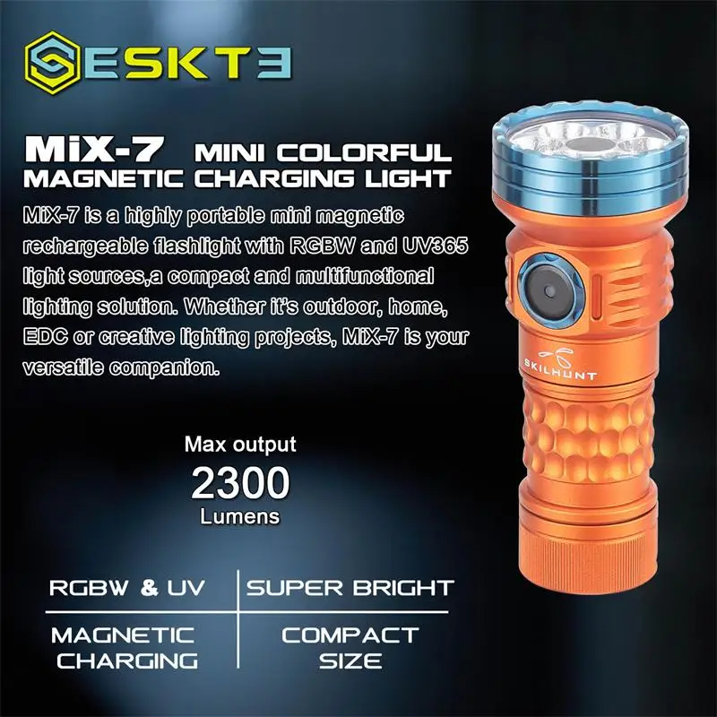 SKILHUNT ESKTE MiX-7 7 LEDS IN 1 Multi-color 2300 lumens 18350 Magnetic Charging LED Flashlight include battery