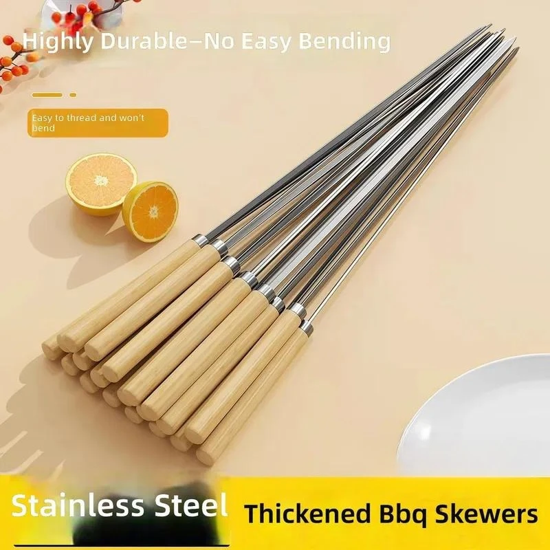 for Stainless Steel Wooden Handle BBQ Skewers Lengthened Thickened Anti Scalding Flat Needle Barbecue Fork Grilling Tools