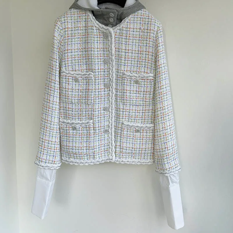 Conjuntos de 2 piezas de Tweed tejido para mujer, chaqueta elegante de manga larga con capucha desmontable, faldas acampanadas de cintura alta a la moda para principios de primavera 25