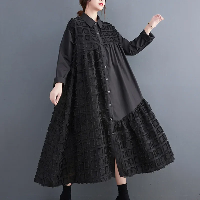 

Женское платье-рубашка с длинным рукавом, повседневное свободное черное ТРАПЕЦИЕВИДНОЕ ПЛАТЬЕ средней длины с кисточками и воротником-поло на пуговицах спереди в Корейском стиле, весна-осень