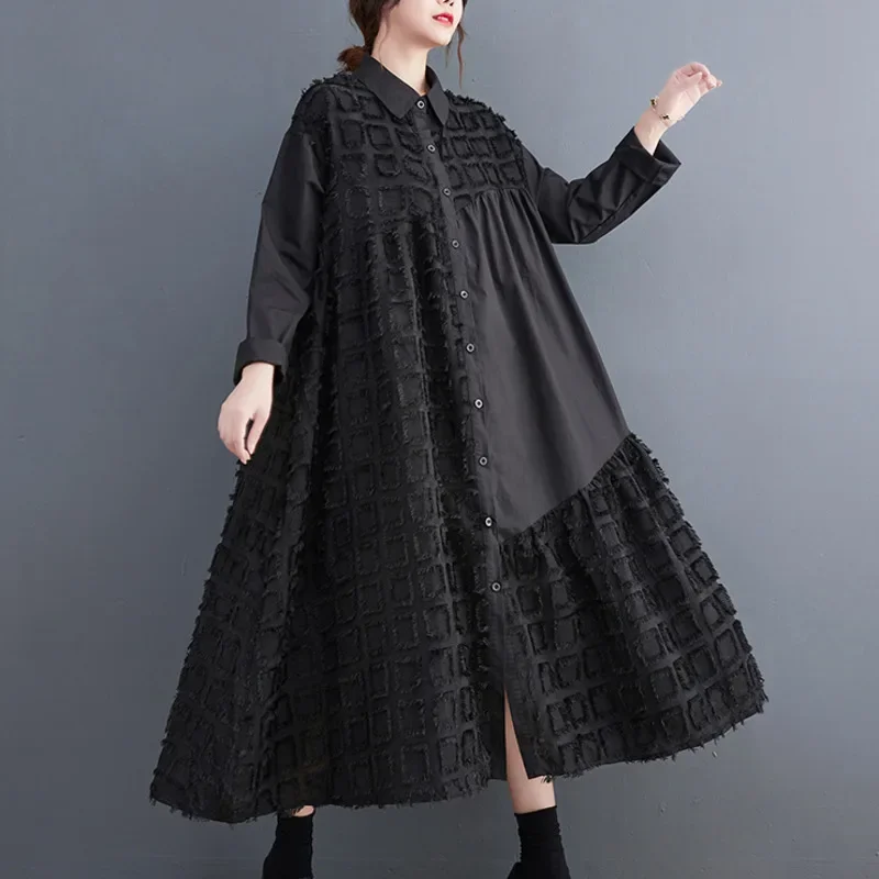 

Korean Style Tassels Polo Neck Button Front Shirt Dress Women Spring Autumn Long Sleeve Casual Loose Black A-line Midi Dresses