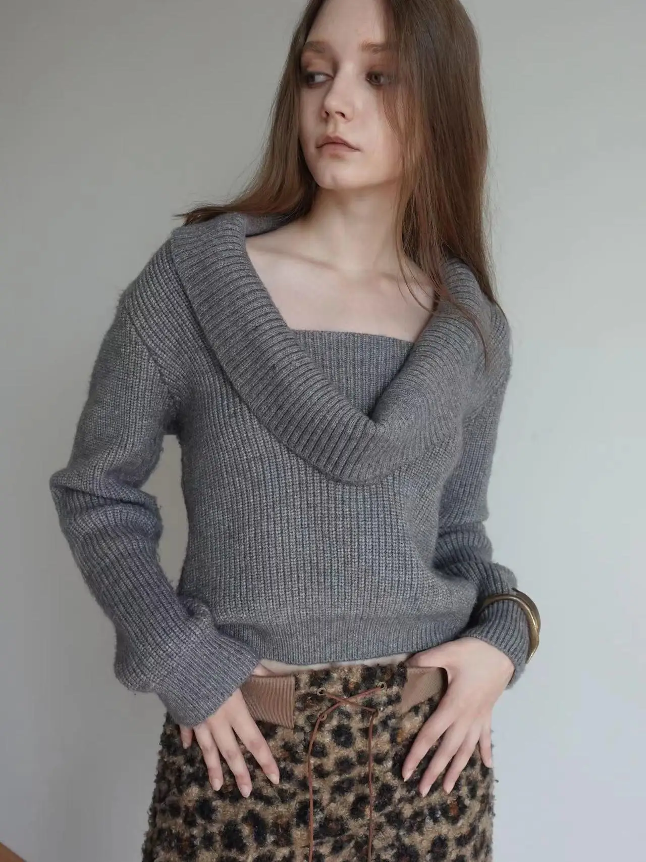 

Original Simple V-Ne Flip Collar Autumn Winter Aosphere Sweater Long Sve Regular Length Acrylic Knitted Women's Top