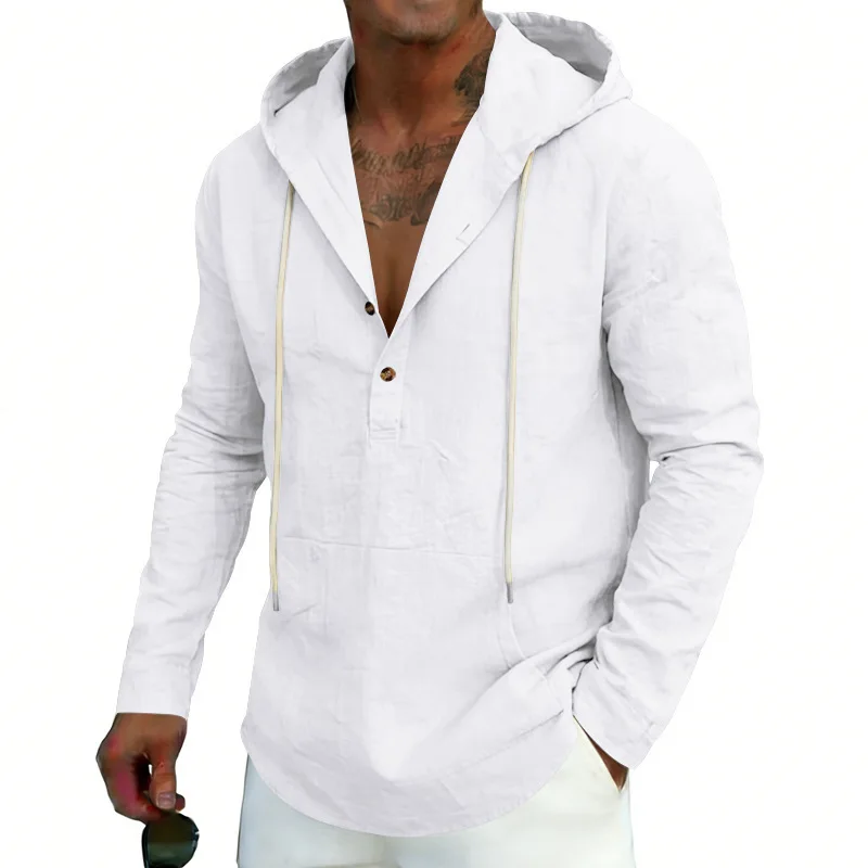 American Multi-Color Solid Color Linen Casual Loose Four Seasons Men's Casual Henry Hooded Pocket Long Sleeve Shirt