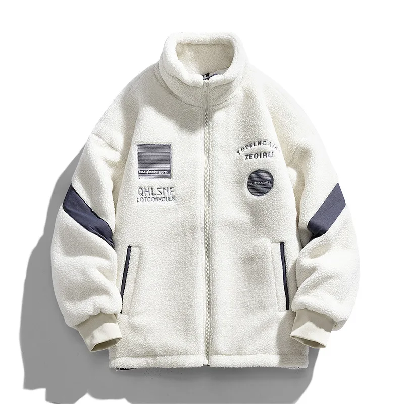 

Зимняя мужская плюшевая куртка с буквенным принтом и воротником-стойкой, повседневное мужское пальто с длинным рукавом на молнии, теплая ветрозащитная свободная мужская верхняя одежда