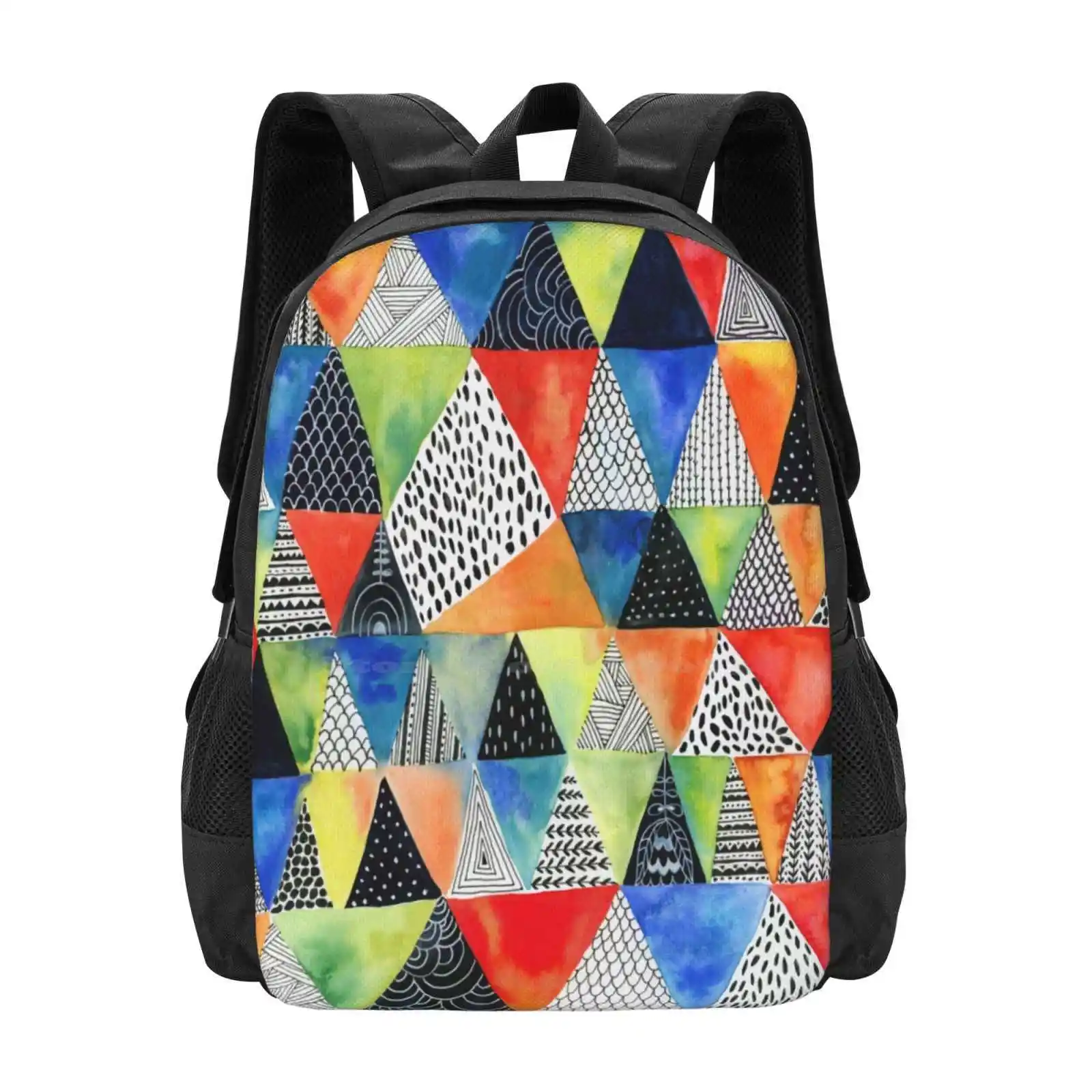 Doodled Geometry Hot Sale Backpack Fashion Bags Triangles Geometric Pattern Ink Colorful Bright Watercolor Abstract