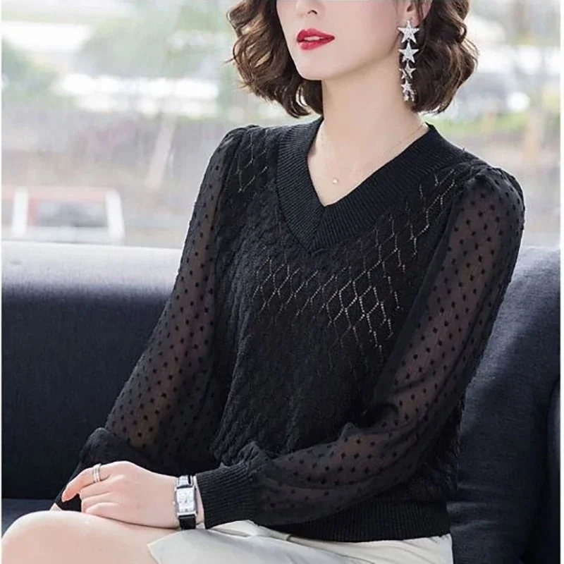 Korean Style Hollow Out knitted pullover Women  Loose Lantern Sleeve Tops Autumn Short Sweater Chic Solid Tee Office Lady E244