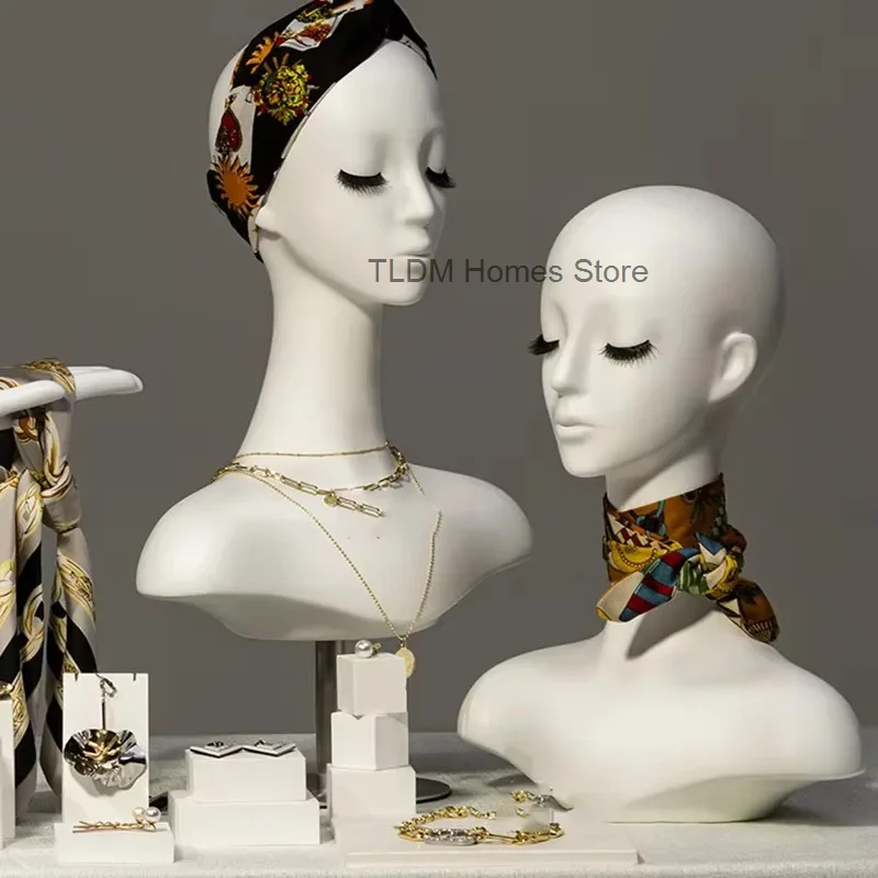 Light Luxury Mannequins Head with Facial Features Hat Scarf Display Stand Hand Model Art Ornaments Props Female White Head Model