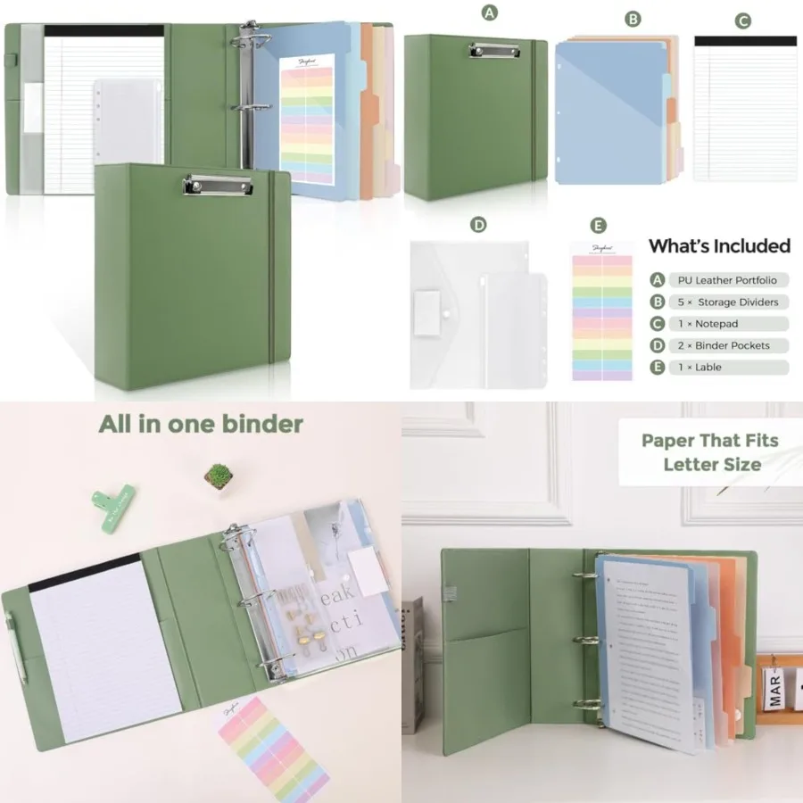 

Rg Bder ch D Rgr with Clipboard, PU Heavy Duty Clipboard Bder with Notepad and 5 Dividers with 5 Pockets, Labels, Clipboard Fol