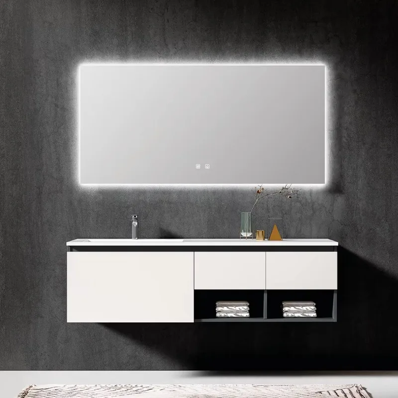 

Wall mounted bathroom vanity solid wood sink cabinet custom shape mirror bathroom vanity