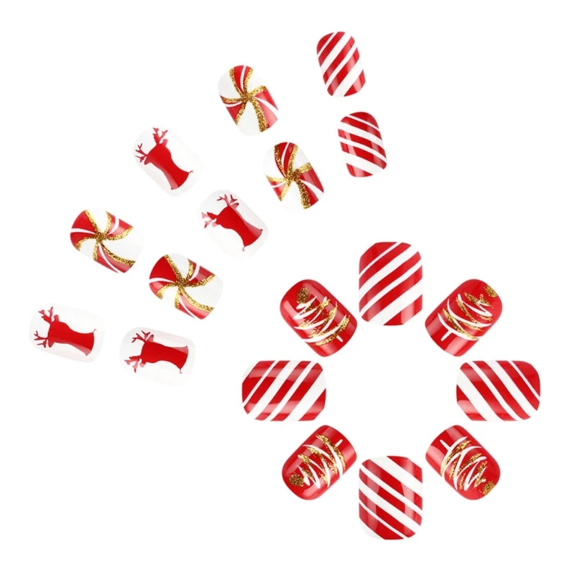 Faux ongles carrés courts à pression noël, 24 pièces, avec motifs d'élan, pour partie