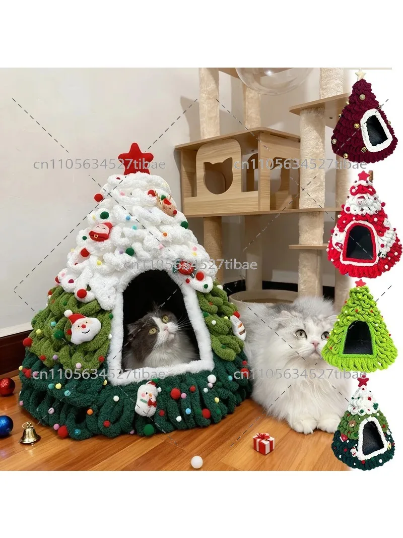 Handmade Christmas Tree House, Winter Warmth Indoor Bed with Random Decorations - No Included -Perfect Gift for S and Small Dogs