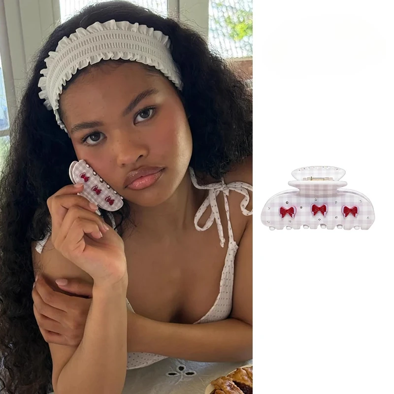 

Cute Bow Hair Claw Clip for Women Small Size Checkered Acrylic Hair Clip Non-Slip Grip Kawaii Korean Style Hair Accessories