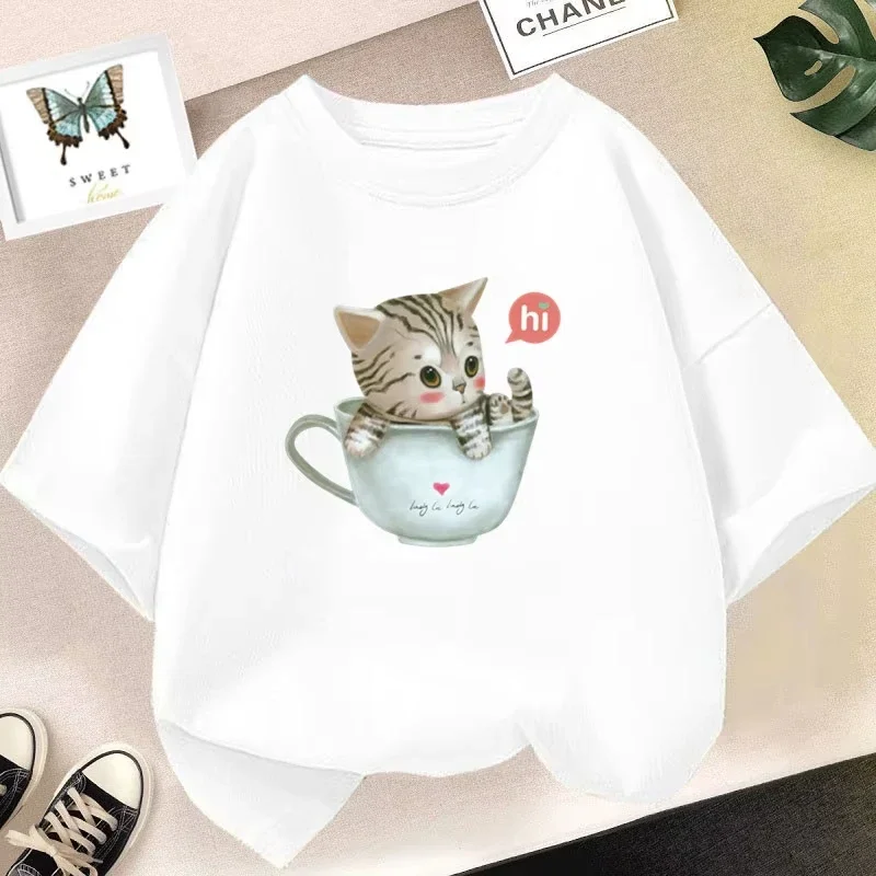 Children Lovely Teacup Cat Graphic Tee Cute Cartoon Kitten Pattern Short Sleeve T Shirt For Boys And Girls Casual Wear