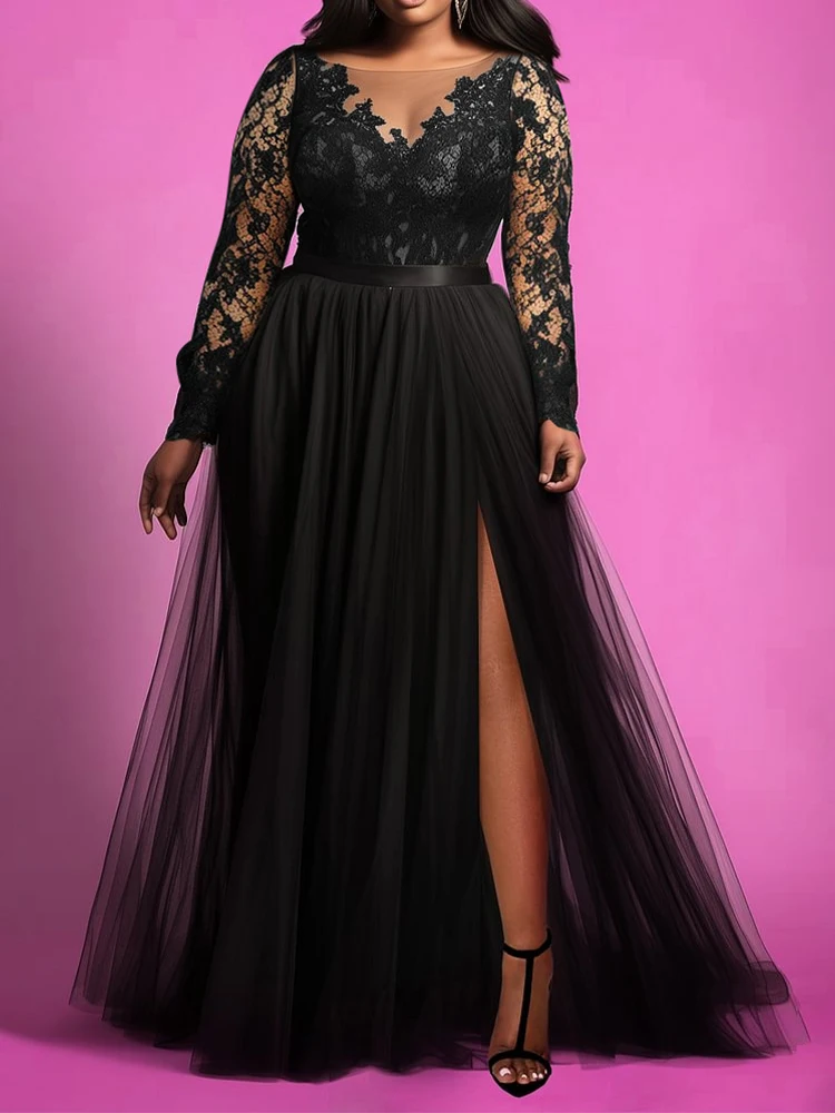 Женское платье больших размеров, кружевное прозрачное сетчатое платье с разрезом по подолу, высокая талия, элегантное вечернее платье макси с длинным рукавом и v-образным вырезом для гостей