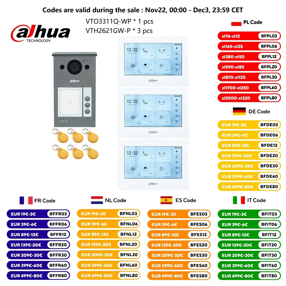 Dahua 3-button IP Video Intercom KIT,VTO3311Q-WP & VTH2621GW-P, P2P Cloud, Door bell 1, 2 ,3 ,4 buttons can adjustable