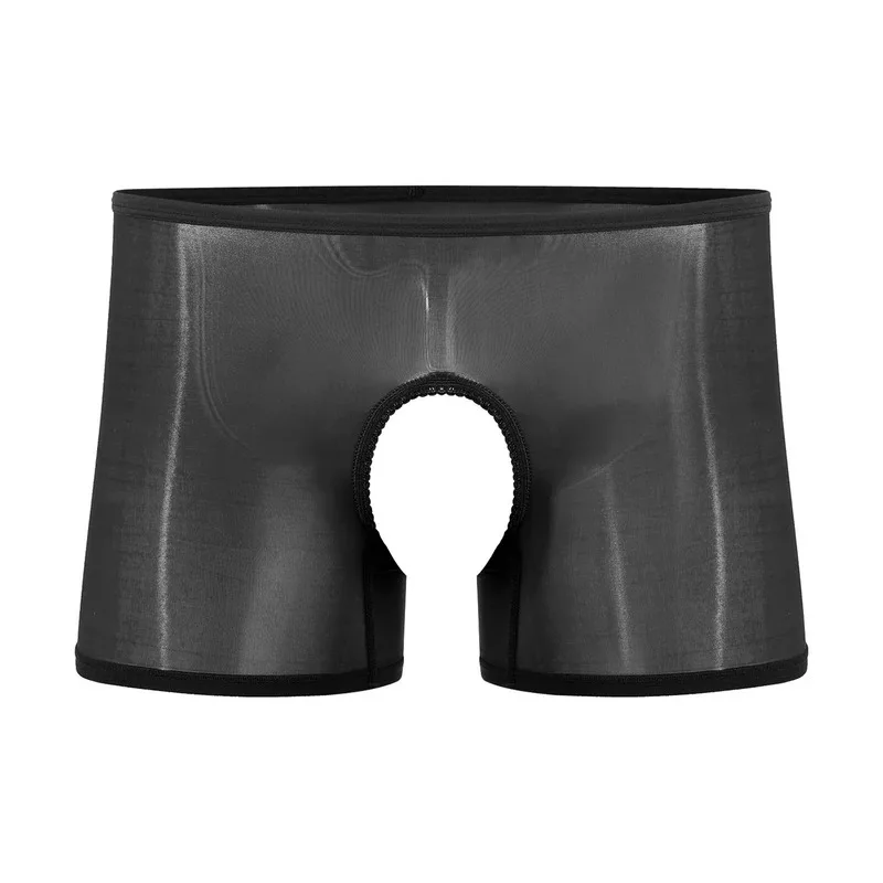 

Mens Glossy Seamless Boxer Briefs Lingerie See Through Open Crotch Boyshorts Underpants Mid Waist Ice Silky Underpants Nightwear