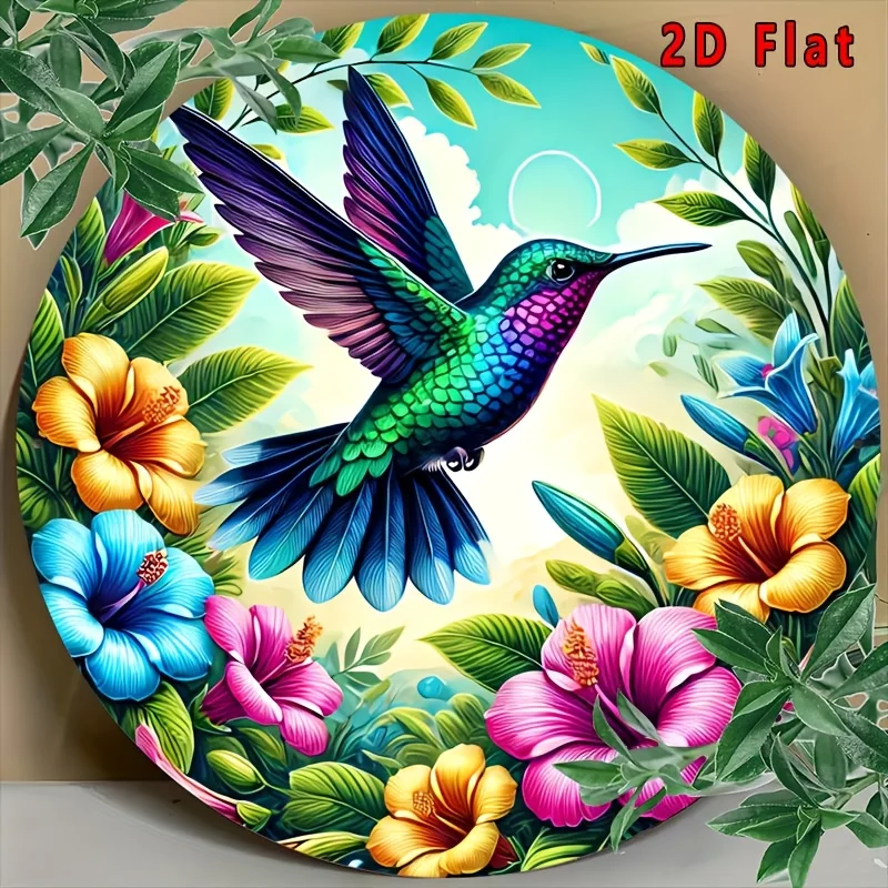 2D Flat, 1pc Charming Hummingbird & Floral Round Metal Tin Sign - Vintage-Inspired Aluminum Wall Decor with Vibrant Hummingbird