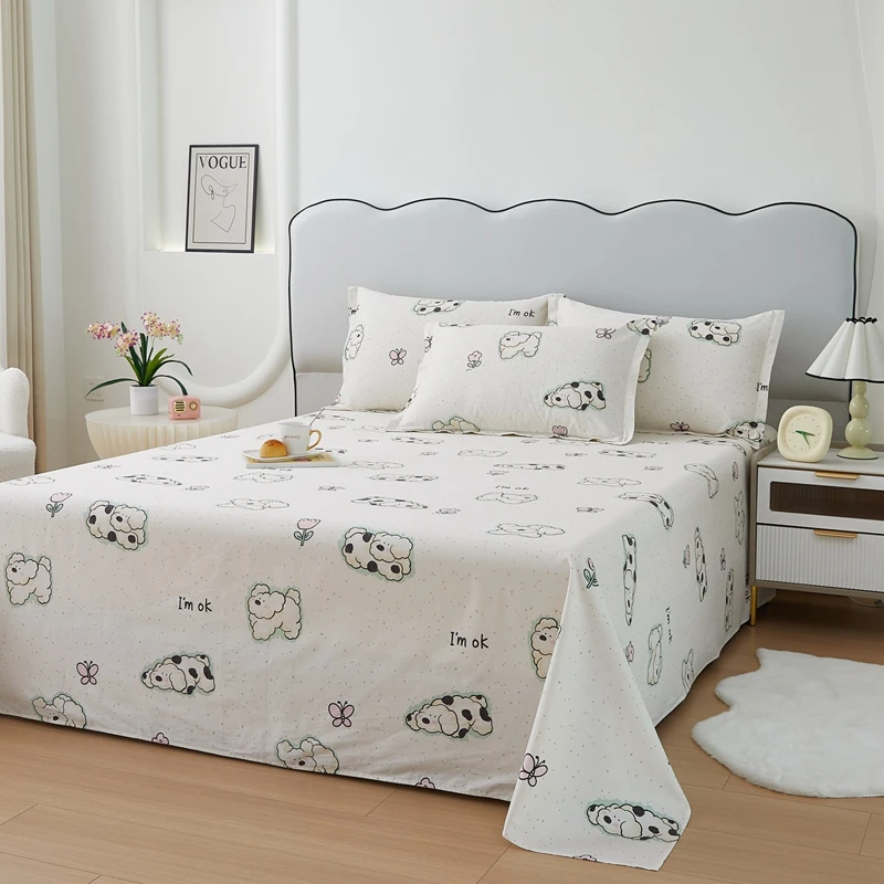 Bed Sheet 100% Cotton Cartoon Animals Dog Cat Printed Double Top King Sheets for Girls Boys Kids Single Queen King Size Bed Line