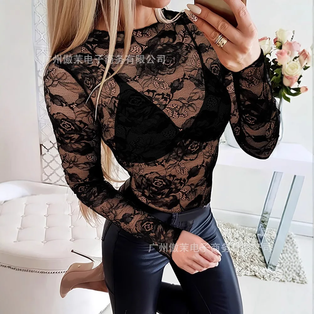 

Женский топ с длинными рукавами на весну и лето, однотонный кружевной чехол с круглым вырезом, сексуальный повседневный модный удобный обычный стандартный крой