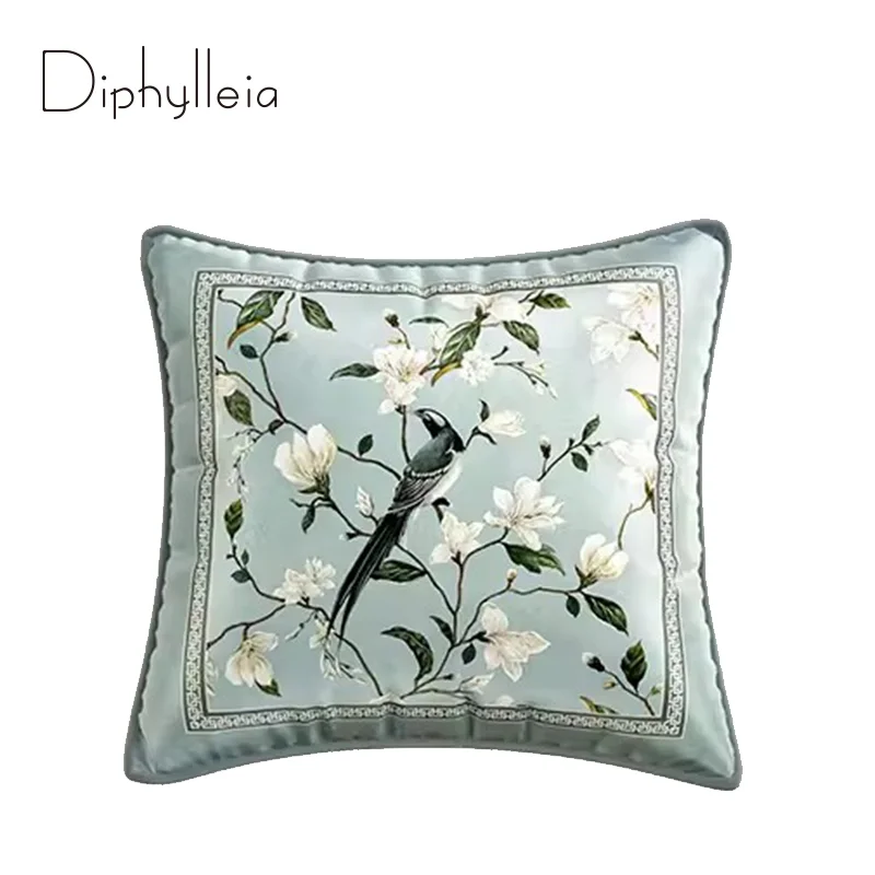 Diphylleia Oriental Art Cushion Covers Magnolia Floral And Birds Decorative Pillowcase Super Soft Velvet Pillow Cover Light Blue