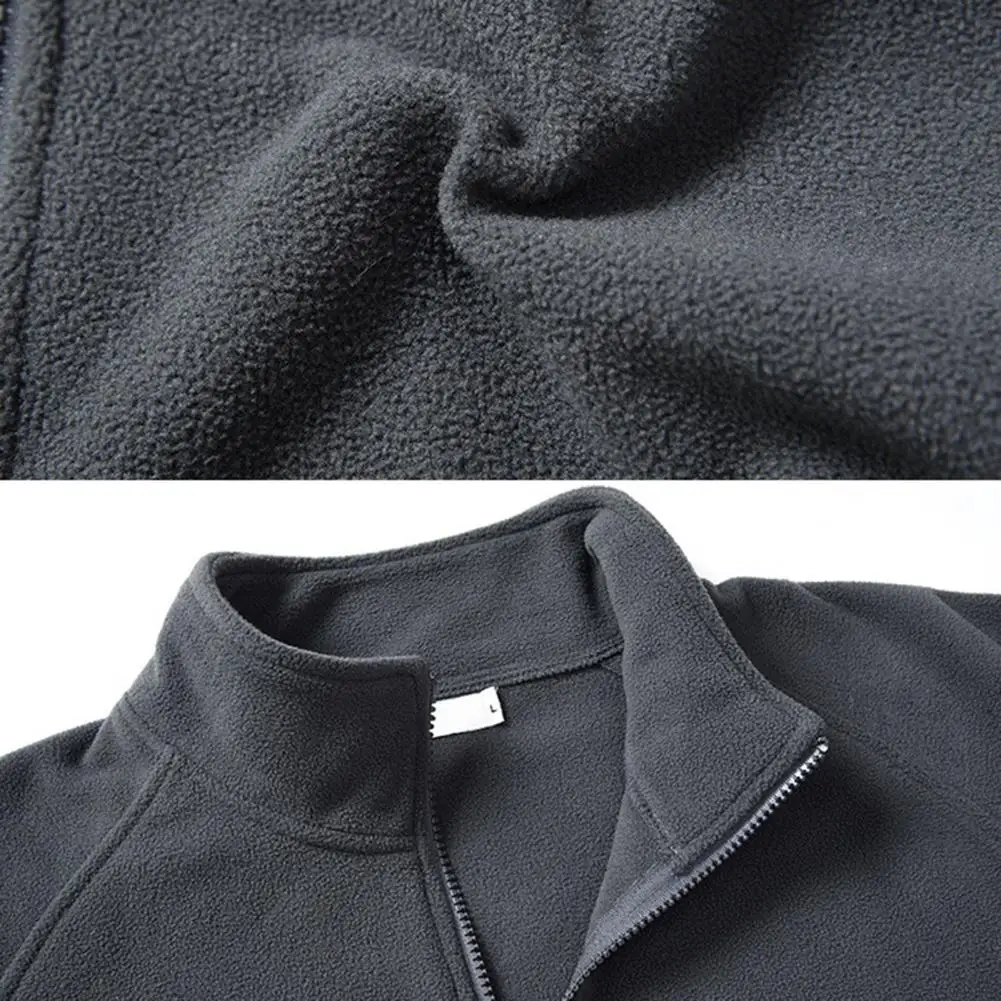 Fall Men Coat Thick Fleece Stand Collar Neck Protection Long Sleeve Zipper Closure Cardigan Warm Pockets Jacket