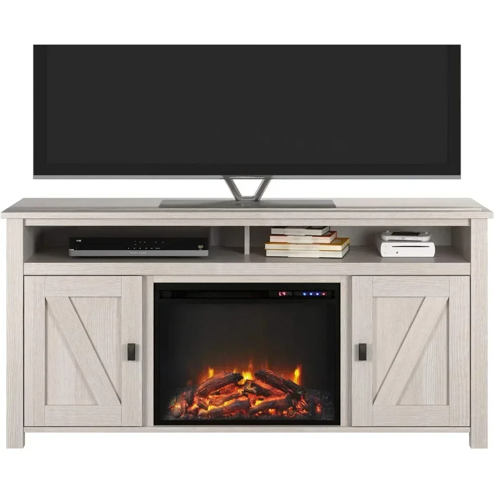 Electric Fireplace TV Console for TVs up to 60", Ivory Pine, Open top Shelf and 2 Side Cabinets with Long-lasting LED Technology