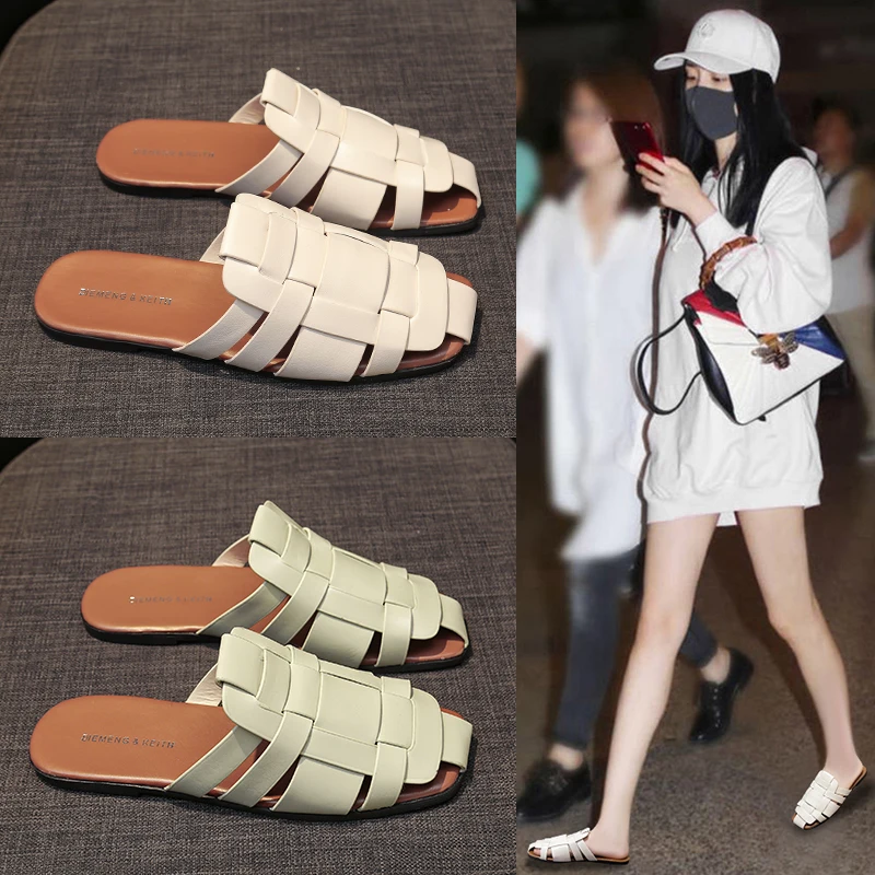 

Summer 2025 New Sle Retro Woven Slippers Women's Hollow Breathable Flat Bot Casual Outdoor Wear Roman Sle PU Lined