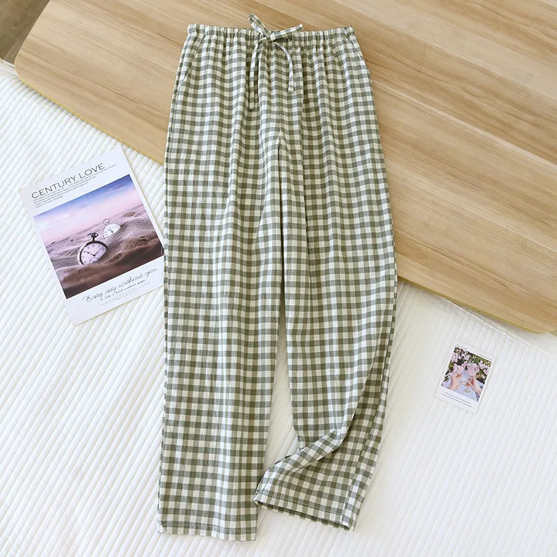 Japanese new spring and autumn couples 100% cotton cloth plaid trousers men and women large size home pants simple casual pants