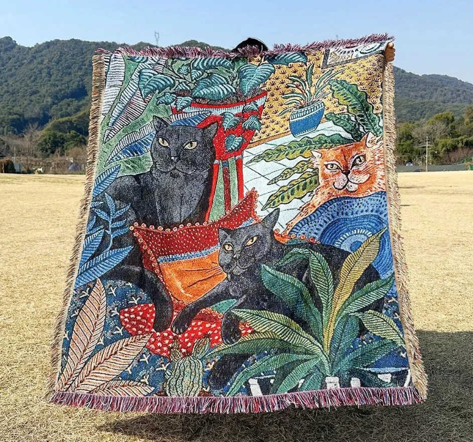 

Boho Cat Woven Tapestry Vintage Tropical Plant Throw Blanket with Tassel Art Wall Tapestry for Living Room Sofa Decor Multi-size