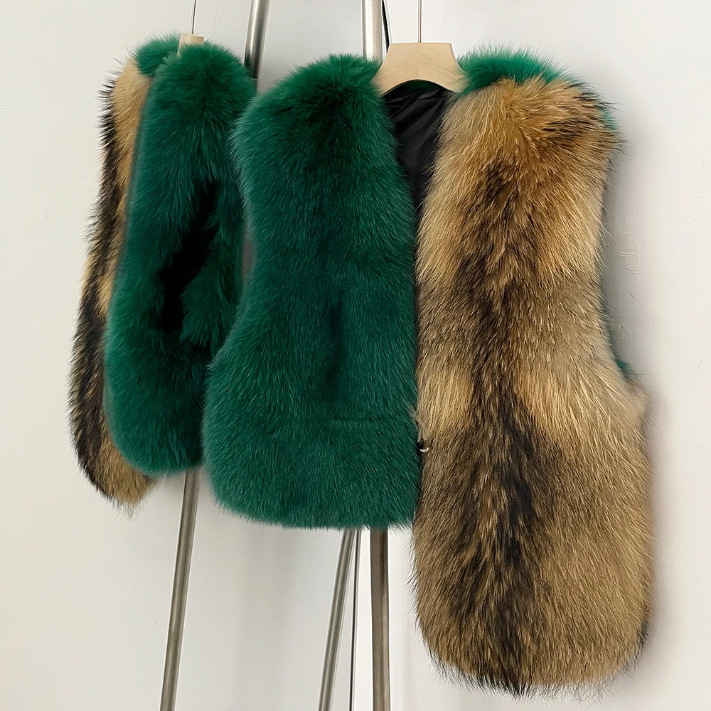 

2025 NewFur жилет теплая куртка из натурального меха женская цветная шуба из лисьего меха без рукавов жилет из натурального меха енота модный толстый