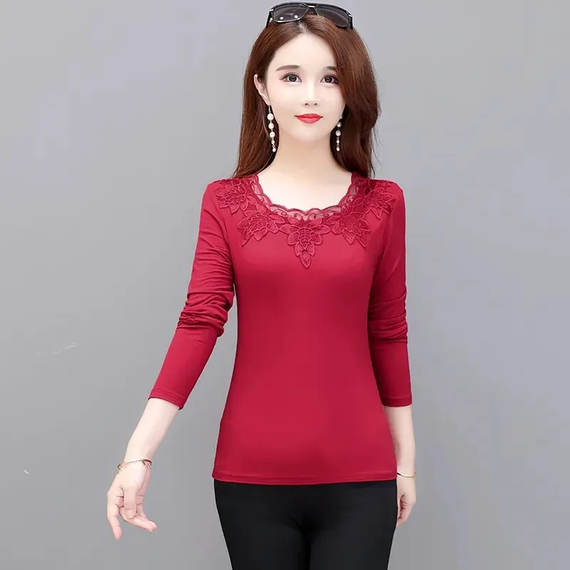 Lace Stitching T-Shirt Bottoming Shirt Female 2023 New Autumn Winter Long Sleeve Add Velvet Warm Women\'s T-Shirt Top Full Match