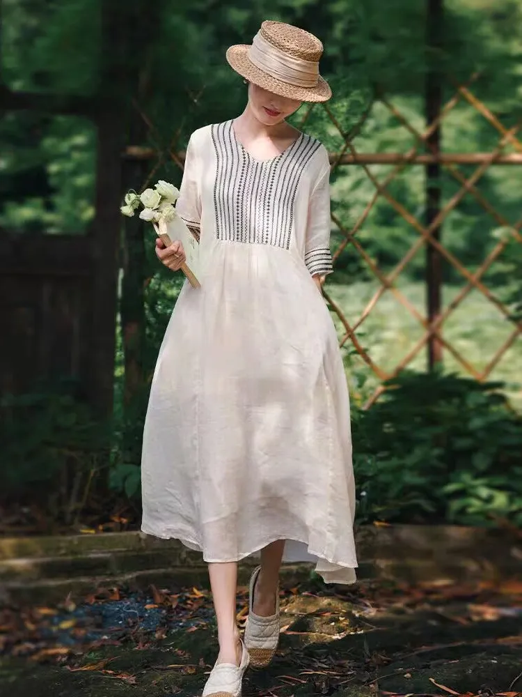 Ele V-ne Geborduurd Linnen Dr Dames Losse Lange Rok Zomer Woon-werk Sle Medium Softn ort Sve Plant Bloemen