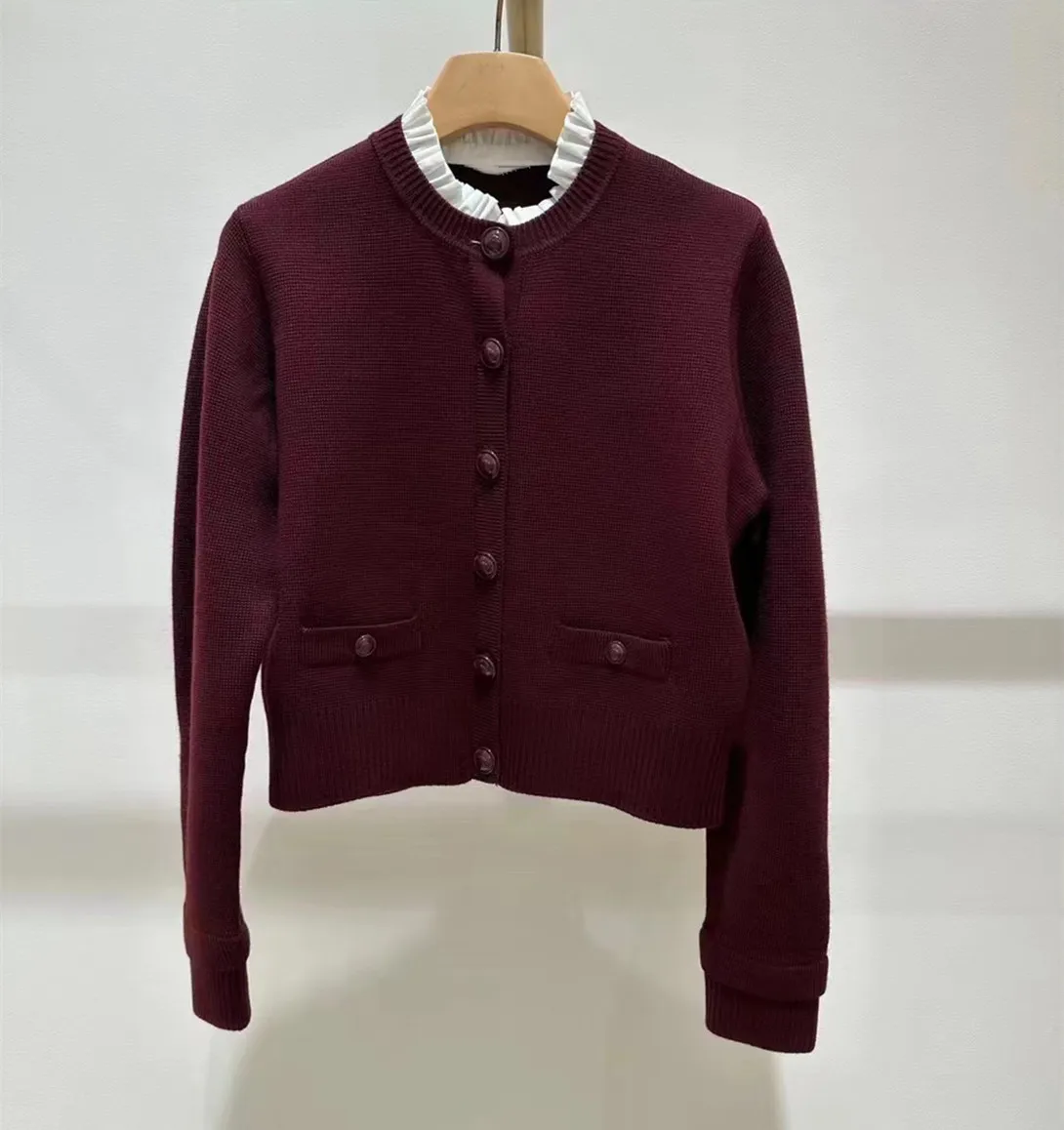 เสื้อถักไหมพรมสไตล์ยุโรป รุ่นไฮเอนด์ คอตั้งถอดได้ สีไวน์แดง คอปกทรงหูมูสูม