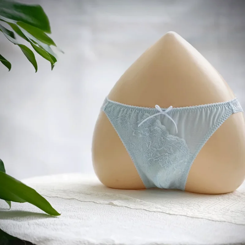 Super Beautiful Sexy Men Briefs Half Covered Buttocks High Fork Lace Seamless Underwear Cute Bow Ice Silk Intimates Panties