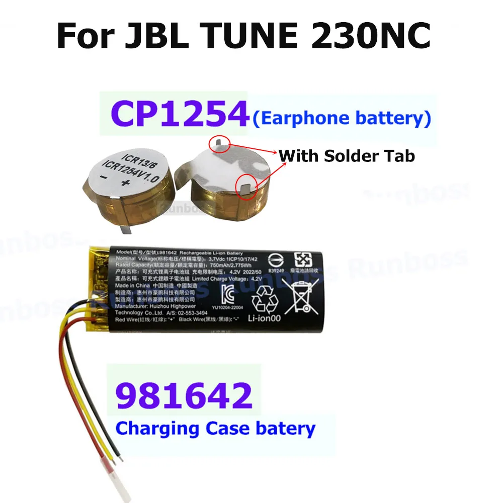 

981642 for JBL Tune 230NC 230 NC TUNE230NC TWS Wireless Bluetooth Earphone Charging Case Compartment 750mAh 3.7V Li-ion Battery