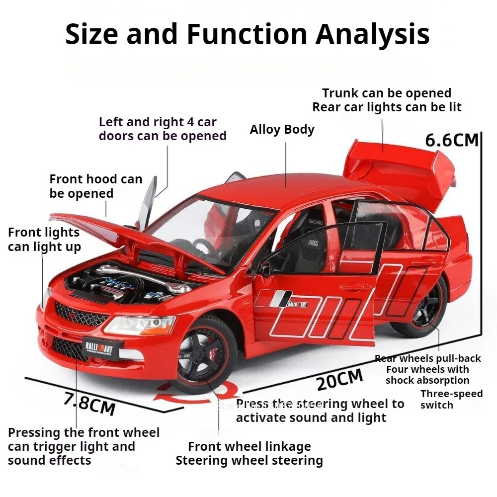 1:24 Mitsubishi EVO9 Miniatuur Model Speelgoed Legering Diecast Autodeuren Geopend Geluid Licht Trek Voertuigen Prachtige Collectie Cadeau