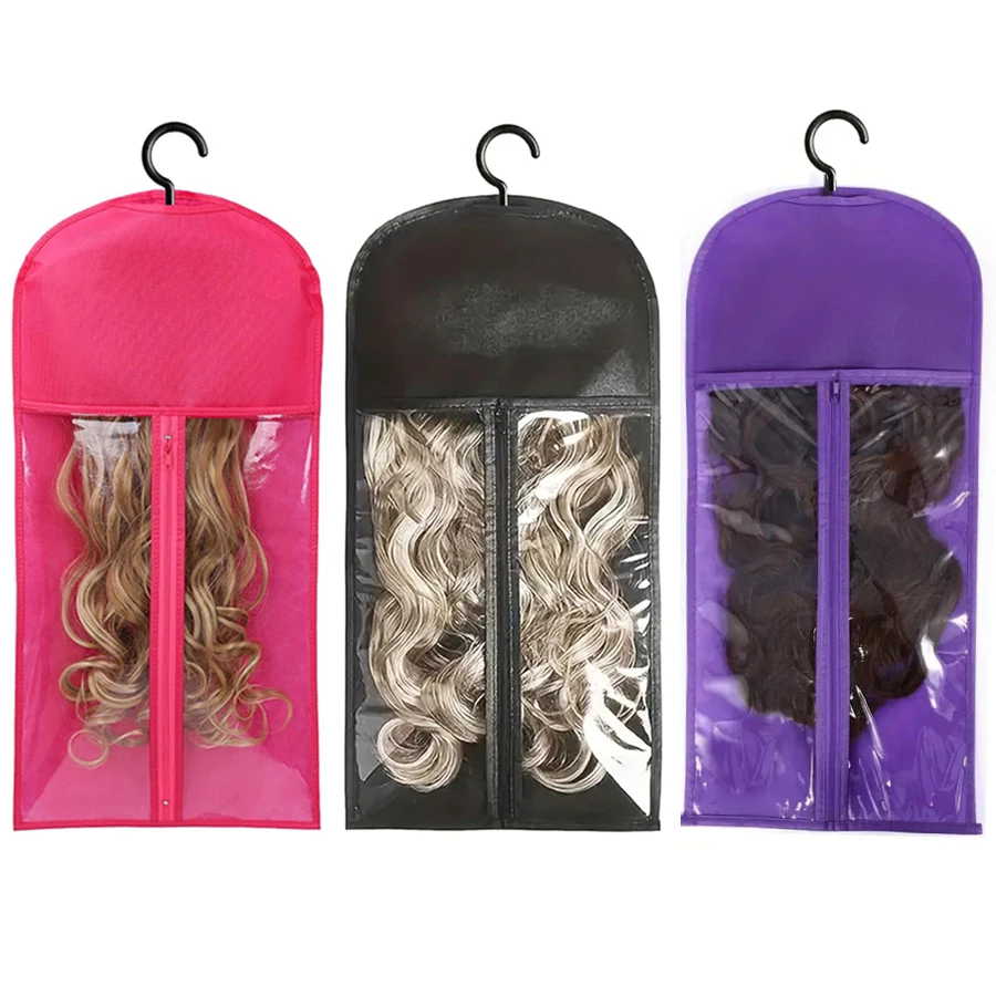 

2-Pack Wig Storage Bags with Transparent Window and 2 Hooks - Durable Zippered Hair Extension Holders