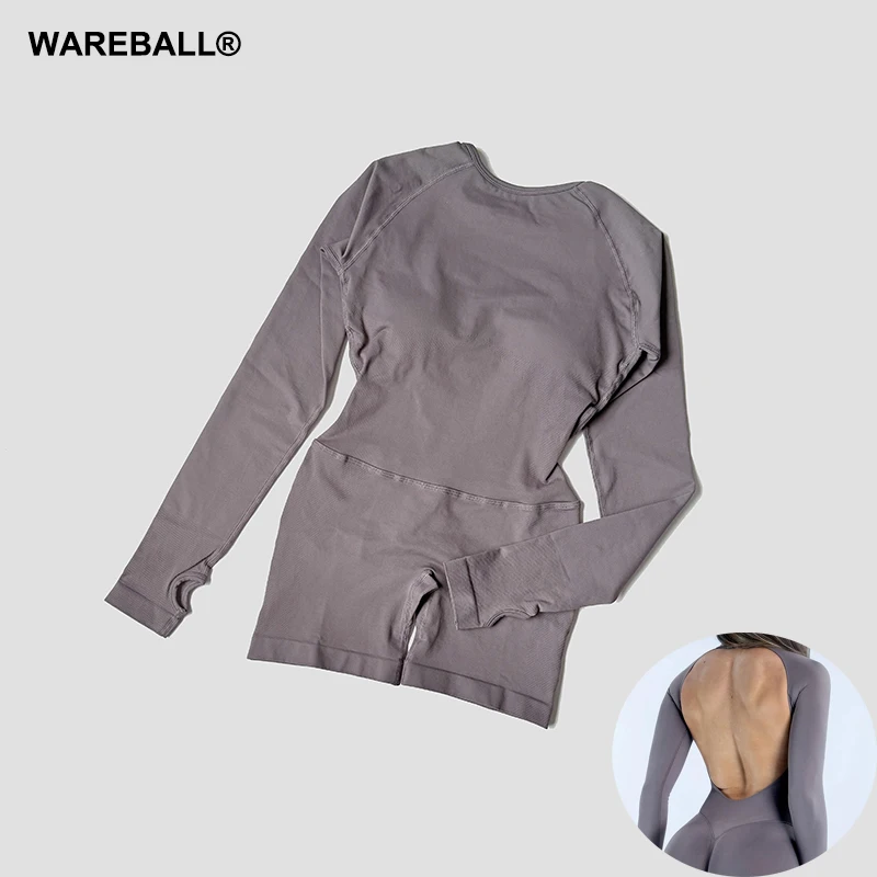 WAREBALL Long Sleeve One Piece Gym Clothes Women Yoga Playsuit Open Back Fitness Workout Jumpsuit Backless Set Sportswear