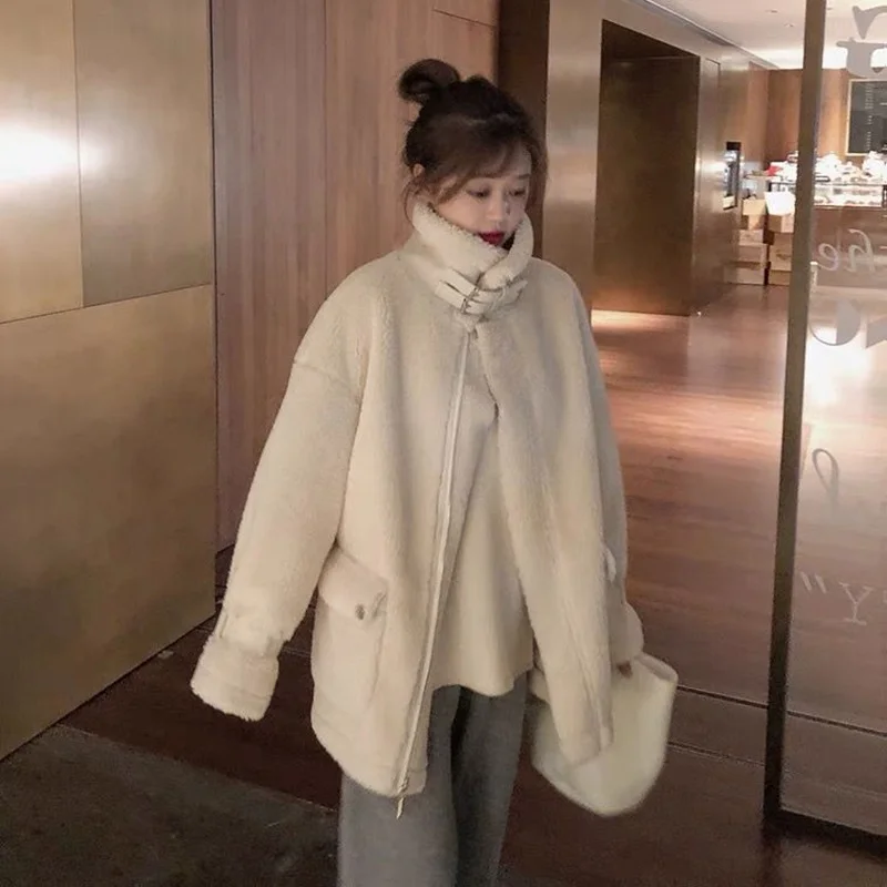 Lamb Wool Coat Female Winter Korean Loose Pockets Plush Thick Warm Parkas Women Cotton Padded Jacket Japanese Jackets White