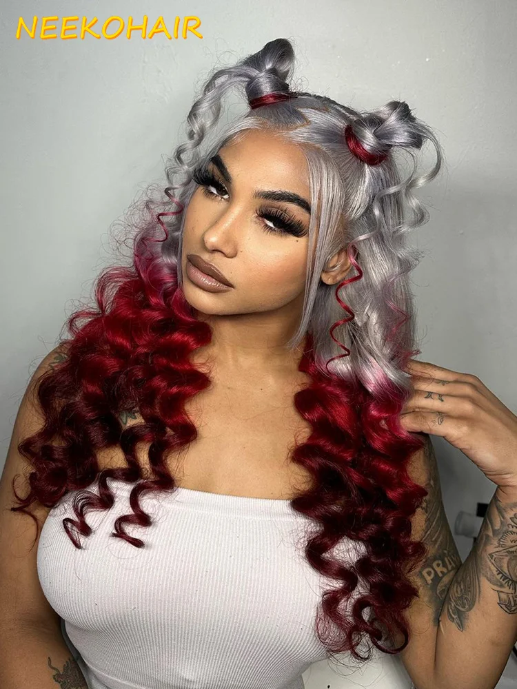 Ombre Red  Human Hair 13x6 HD Lace Front Wig Curly Ombre Grey-Red 13x4 Transparent Lace Frontal Or 4x4 Closure Wigs For Women