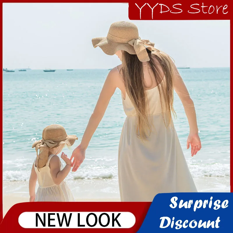 Summer Parent-child Straw Hat Butterfly Ribbon Decoration Panama Straw Hat Dome Sun Hat Beach Travel Sun Protection Hat